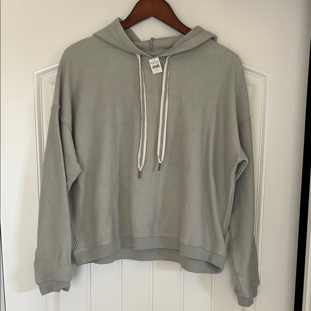 Aerie Sage Green Ribbed Cropped Pullover Hoodie Cotton Women’s Medium NEW‎